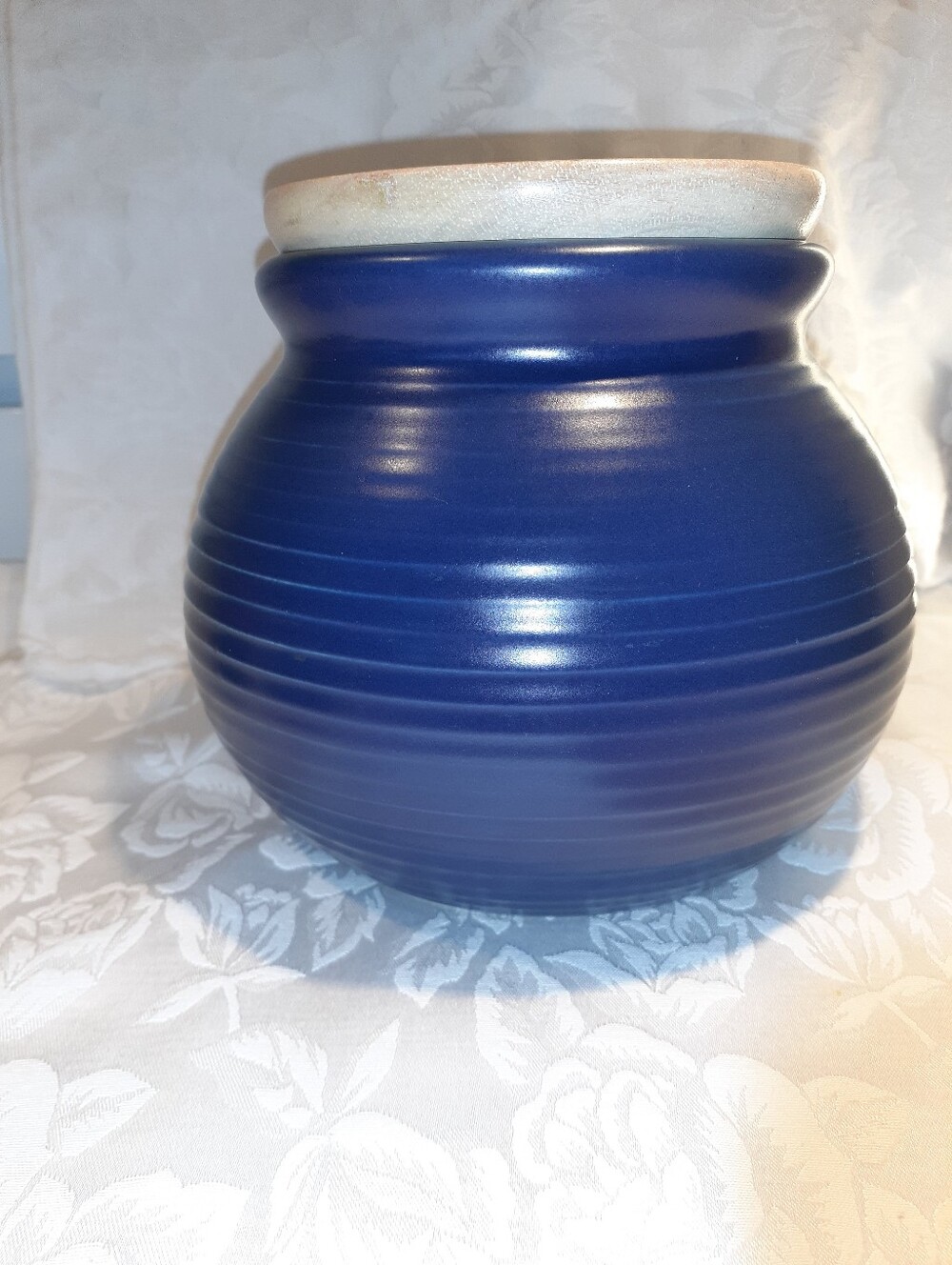 VTG Matte Cobalt Stoneware Pottery Ringware Fitted Lid Kitchen Crock